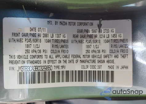 2011 Mazda Cx-9 Touring z USA, uszkodzony, nr VIN JM3TB3CA3B0329850